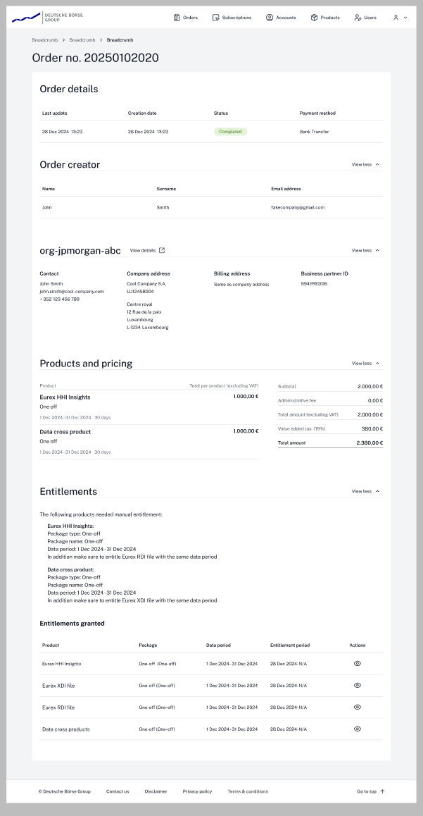 Orders ledger — manual entitlements