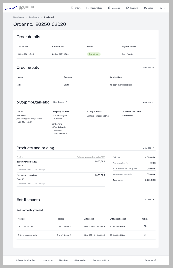 Orders ledger — no manual entitlements