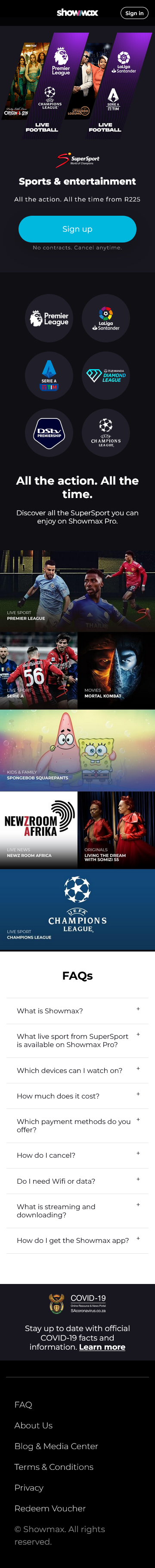 Showmax 320px mobile full page before redesign